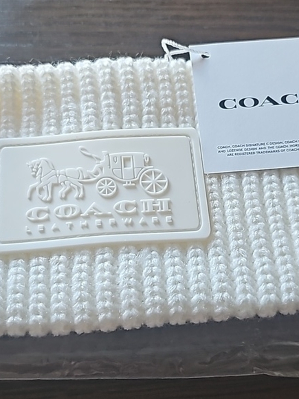 Coach Ivory Rib Knit Headband with Signature Leatherware Patch